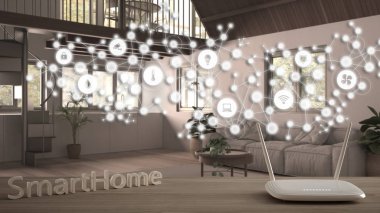 Wi-Fi kablosuz yönlendirici ahşap masa, akıllı ev, geometrik arkaplan bağlı çizgi ve noktalar şeylerin interneti, ev otomasyonu konsepti modern oturma odası üzerinde