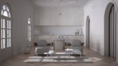 Arka planda bulanık iç tasarım: lüks salon, oturma odası ve mutfak kaplama duvarlar ve parke ile klasik odada. Sandalyeli ada, kahve masalı koltuklar, halı.