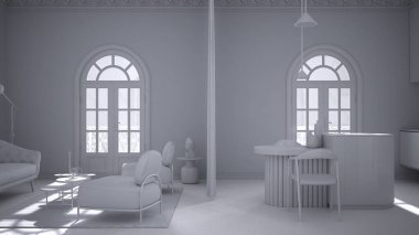 Tamamen beyaz proje taslak, lüks bir salon, oturma odası ve mutfak, kaplama duvarlar ve parke döşemeli klasik oda. Sandalyeli ada, kahve masalı koltuklar, halı.