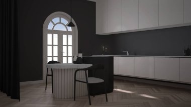 Kaplama duvarları ve parke zemini olan klasik odada lüks, zarif bir mutfak. Kemerli panoramik pencere, sandalyeli, vazolu, mumlu ve dekorlu bir ada. Beyaz ve gri iç tasarım