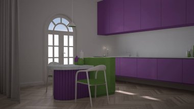 Kaplama duvarları ve parke ile klasik odada renkli, zarif bir mutfak. Kemerli panoramik pencere, sandalyeli, vazolu, mumlu ve dekorlu bir ada. Yeşil ve mor iç tasarım