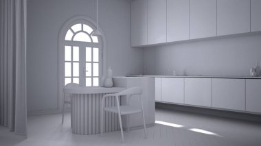 Tamamen beyaz proje taslak, klasik odada zarif mutfak, kaplama duvarlar, parke. Kemerli panoramik pencere, sandalyeli, vazolu, mumlu ve dekorlu bir ada. İç tasarım