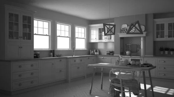 Design intérieur monochrome, noir et blanc. Cuisine classique scandinave avec détails en bois, table à manger avec chaises, lampes suspendues, armoires et étagères, architecture minimaliste — Photo