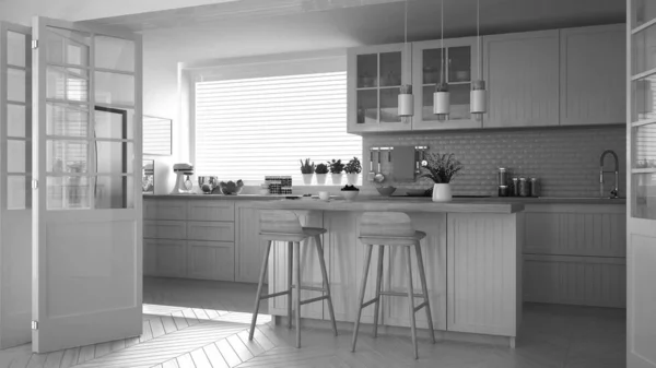 Монохромный, черно-белый дизайн интерьера. Классическая кухня с деревянными деталями, остров с табуретками, большая раздвижная дверь, подвеска и аксессуары, минималистская комната — стоковое фото