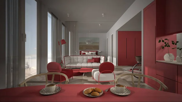 Appartement met 1 kamer, wit en rood interieur, parket, open ruimte: keuken met eettafel, woonkamer met bank, fauteuils, slaapkamer met bed. Panoramische ramen met gordijnen — Stockfoto