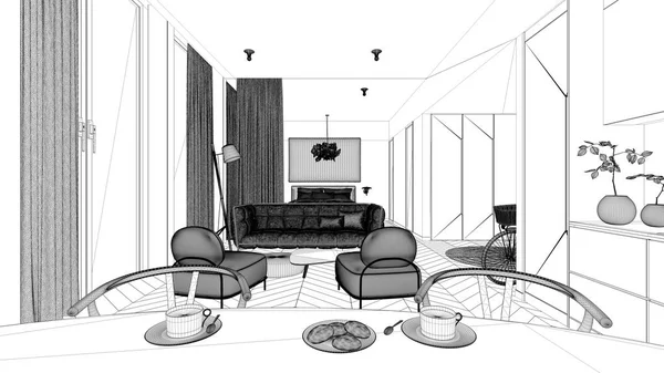 Blueprint project draft, one-room apartment interior design, parquet, open space: kitchen with dining table, living room with sofa, armchairs, bedroom with bed. Panoramic windows — 스톡 사진