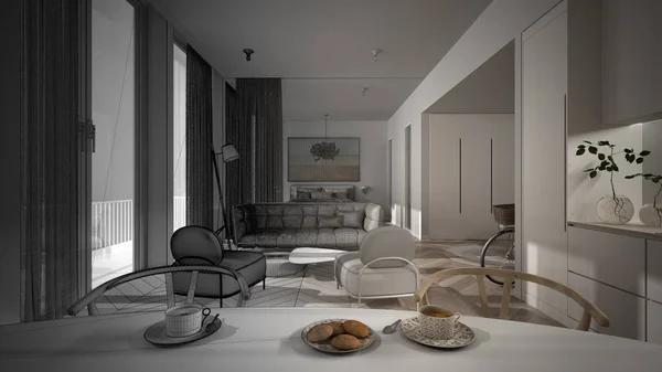 Architect interior designer concept: unfinished project that becomes real, one-room flat interior design, open space: kitchen, table, living room, sofa, bedroom. Panoramic windows