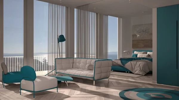 Jednopokojový byt, bílý a modrý design interiéru, parkety, otevřený prostor: obývací pokoj s pohovkou, křesla, stůl, ložnice s postelí a přikrývkou. Panoramatická okna se závěsy — Stock fotografie