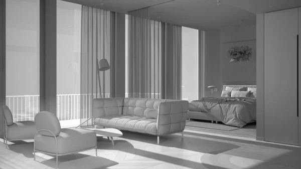 Total white project draft, one-room apartment, interior design, parquet, open space: living room with sofa, armchairs, bedroom with bed and blanket. Panoramic windows with curtains — 스톡 사진