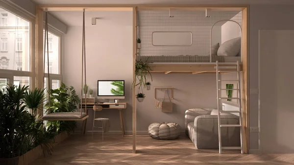 Minimalista apartamento estudio con litera loft cama doble, altillo, columpio. Sala de estar con sofá, lugar de trabajo, escritorio, computadora. Ventanas con macetas, diseño interior blanco —  Fotos de Stock