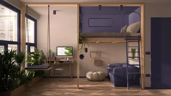 Minimalista apartamento estudio con litera loft cama doble, altillo, columpio. Sala de estar con sofá, lugar de trabajo, escritorio, computadora. Ventanas con plantas, diseño interior blanco y púrpura — Foto de Stock