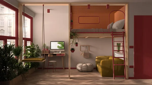 Minimalista apartamento estudio con litera loft cama doble, altillo, columpio. Sala de estar con sofá, lugar de trabajo, escritorio, computadora. Ventanas con plantas, diseño de interiores de colores — Foto de Stock