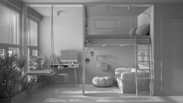 Totalt vitt projekt utkast, minimalistisk studio lägenhet med loft våningssäng, gunga. Vardagsrum med soffa, hemarbetsplats med skrivbord. Fönster med krukväxter, inredning — Stockfoto