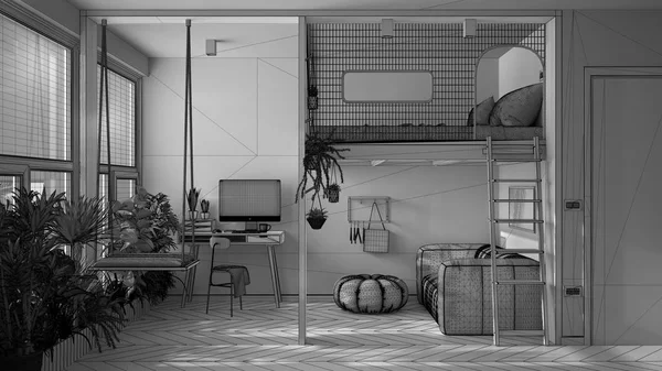 Niedokończony projekt projektu, minimalistyczny apartament typu studio z piętrowym łóżkiem piętrowym i huśtawką. Pokój dzienny z sofą, domowe miejsce pracy z biurkiem. Okna z roślinami doniczkowymi, wystrój wnętrz — Zdjęcie stockowe