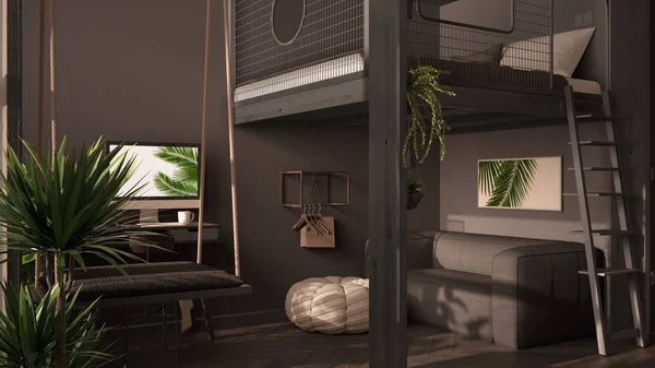 Minimalista apartamento estudio con litera loft cama doble, altillo, columpio. Sala de estar con sofá, lugar de trabajo, escritorio, computadora. Ventanas con macetas, diseño interior gris —  Fotos de Stock