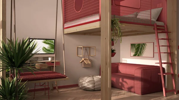 Minimalista apartamento estudio con litera loft cama doble, altillo, columpio. Sala de estar con sofá, lugar de trabajo, escritorio, computadora. Ventanas con plantas, diseño interior blanco y rojo — Foto de Stock