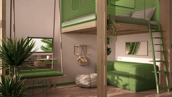 Minimalista apartamento estudio con litera loft cama doble, altillo, columpio. Sala de estar con sofá, lugar de trabajo, escritorio, computadora. Ventanas con plantas, diseño interior blanco y verde — Foto de Stock