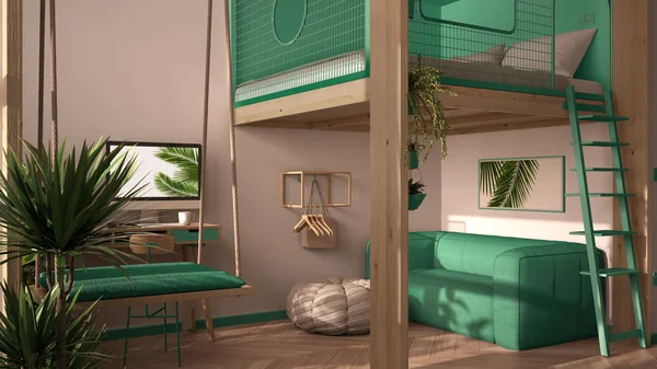 Minimalist studio apartment with loft bunk double bed, mezzanine, swing. Living room with sofa, home workplace, desk, computer. Windows with plants, white, turquoise interior design