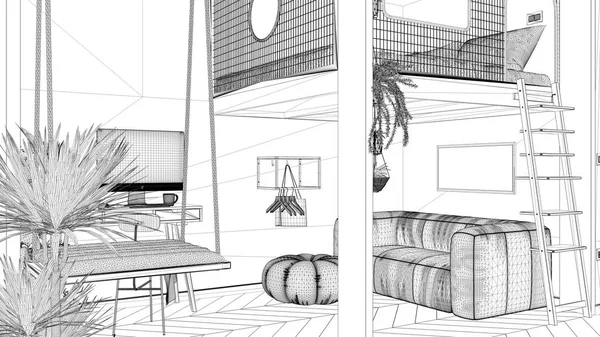 Návrh projektu, minimalistický studio apartmán s podkrovní patrovou manželskou postelí a houpačkou. Obývací pokoj s pohovkou, domácí pracoviště s psacím stolem. Okna s květináči, design interiéru — Stock fotografie