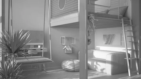 Total white project draft, minimalist studio apartment with loft bunk double bed, swing. Living room with sofa, home workplace with desk. Windows with potted plants, interior design — 스톡 사진