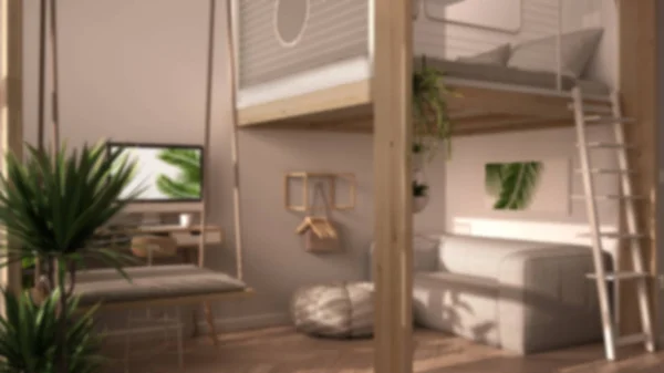 Fond flou design intérieur : studio minimaliste avec mezzanine lit double superposé et balançoire. Séjour avec canapé, lieu de travail avec bureau. Fenêtres avec plantes en pot — Photo