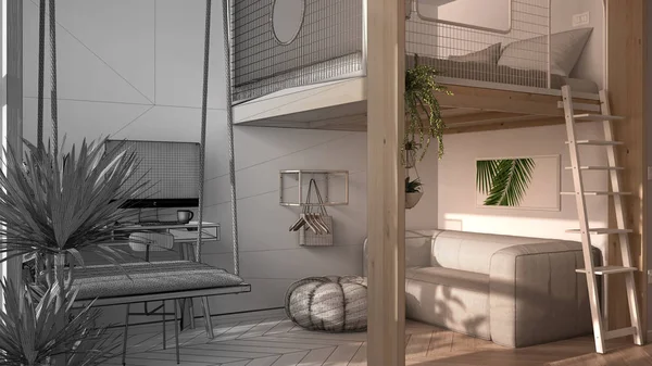 Architect interieur design concept: onafgewerkt project dat wordt echte, minimalistische studio appartement met loft stapelbed. Woonkamer, thuiswerkplek. Ramen met potplanten — Stockfoto