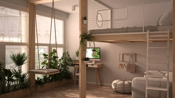 Minimalistický studio apartmán s podkrovní patrovou manželskou postelí, mezipatrem, houpačka. Obývací pokoj s pohovkou, domácí pracoviště, stůl, počítač. Okna s květináči, bílý design interiéru — Stock fotografie