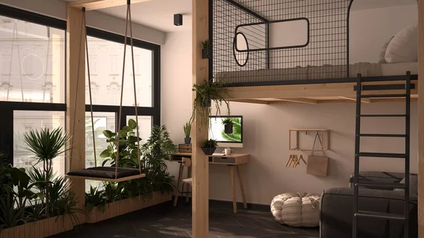 Minimalista apartamento estudio con litera loft cama doble, altillo, columpio. Sala de estar con sofá, lugar de trabajo, escritorio, computadora. Ventanas con plantas, diseño interior blanco y gris —  Fotos de Stock