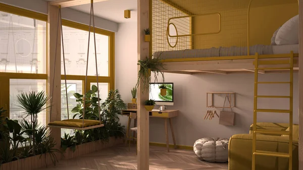 Однокомнатная квартира с двухъярусной кроватью, антресолью, качелями. Гостиная с диваном, домашним рабочим местом, столом, компьютером. Окна с растениями, белый и желтый дизайн интерьера — стоковое фото