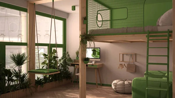 Minimalistisk studio lägenhet med loft våningssäng, mezzanine, swing. Vardagsrum med soffa, hemarbetsplats, skrivbord, dator. Fönster med växter, vit och grön inredning — Stockfoto