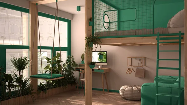 Minimalist stüdyo daire, çift kişilik yatak, asma kat, salıncak. Oturma odası, kanepe, iş yeri, masa, bilgisayar. Bitkileri olan pencereler, beyaz, turkuaz iç tasarım — Stok fotoğraf