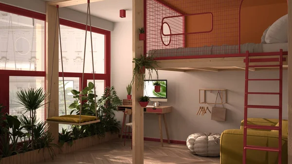 Однокомнатная квартира с двухъярусной кроватью, антресолью, качелями. Гостиная с диваном, домашним рабочим местом, столом, компьютером. Окна с растениями, цветной дизайн интерьера — стоковое фото