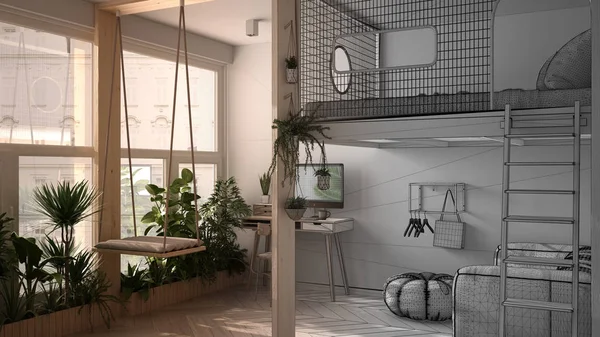 Arkitekt inredningskoncept: oavslutat projekt som blir verklig, minimalistisk studio lägenhet med loft våningssäng. Vardagsrum, hemarbetsplats. Fönster med krukväxter — Stockfoto
