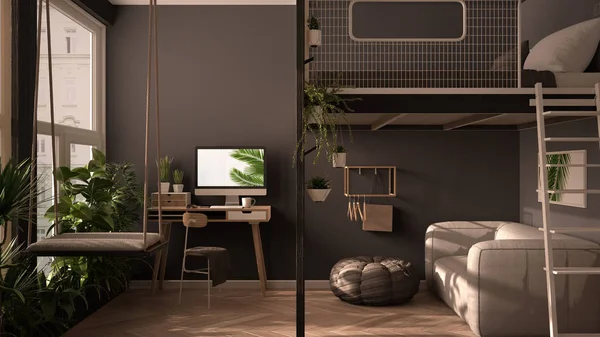 Minimalista apartamento estudio con litera loft cama doble, altillo, columpio. Sala de estar con sofá, lugar de trabajo, escritorio, computadora. Ventanas con plantas, diseño interior blanco y gris — Foto de Stock