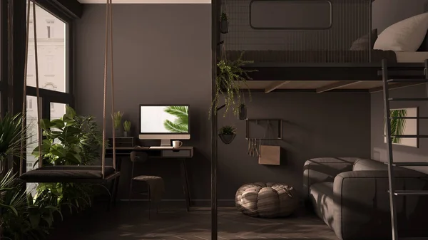 Minimalist studio apartment with loft bunk double bed, mezzanine, swing. Living room with sofa, home workplace, desk, computer. Windows with potted plants, gray interior design