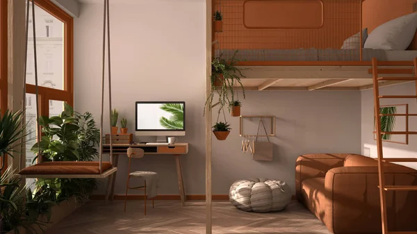 Studio minimaliste avec mezzanine, mezzanine, balançoire. Séjour avec canapé, bureau, ordinateur. Fenêtres avec plantes, design intérieur blanc et orange — Photo