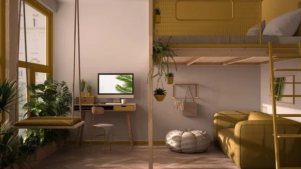 Мінімалістська квартира з подвійним ліжком лофта, мезанином, гойдалкою. Вітальня з диваном, домашнім робочим місцем, столом, комп'ютером. Вікна з рослинами, білим і жовтим внутрішнім дизайном. — стокове фото