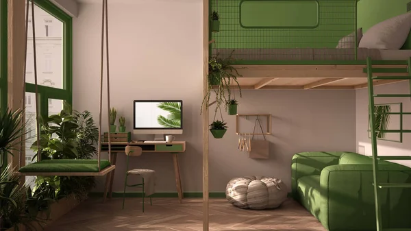 Minimalist studio apartment with loft bunk double bed, mezzanine, swing. Living room with sofa, home workplace, desk, computer. Windows with plants, white and green interior design