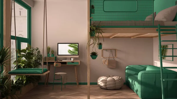 Minimalistisk studio lägenhet med loft våningssäng, mezzanine, swing. Vardagsrum med soffa, hemarbetsplats, skrivbord, dator. Fönster med växter, vit, turkos inredning — Stockfoto