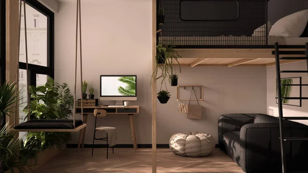 Minimalist studio apartment with loft bunk double bed, mezzanine, swing. Living room with sofa, home workplace, desk, computer. Windows with plants, white and black interior design