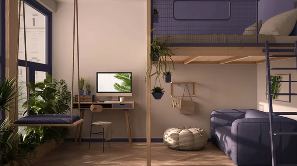 Studio minimaliste avec mezzanine, mezzanine, balançoire. Séjour avec canapé, bureau, ordinateur. Fenêtres avec plantes, design intérieur blanc et violet — Photo