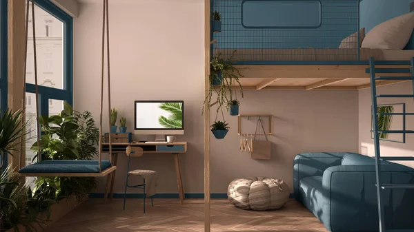 Minimalista apartamento estudio con litera loft cama doble, altillo, columpio. Sala de estar con sofá, lugar de trabajo, escritorio, computadora. Ventanas con plantas, diseño interior blanco y azul — Foto de Stock