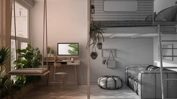 Architect interior designer concept: unfinished project that becomes real, minimalist studio apartment with loft bunk bed. Living room, home workplace. Windows with potted plants