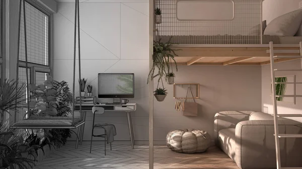 Architect interior designer concept: unfinished project that becomes real, minimalist studio apartment with loft bunk bed. Living room, home workplace. Windows with potted plants — 스톡 사진