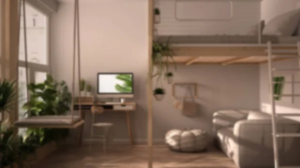 Blur bakgrund inredning: minimalistisk studio lägenhet med loft våningssäng och gunga. Vardagsrum med soffa, hemarbetsplats med skrivbord. Fönster med krukväxter — Stockfoto