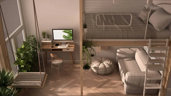 Minimalista apartamento estudio con litera loft cama doble, altillo, columpio. Sala de estar con sofá, lugar de trabajo, escritorio, computadora. Ventanas, macetas, diseño interior blanco, vista superior — Foto de Stock