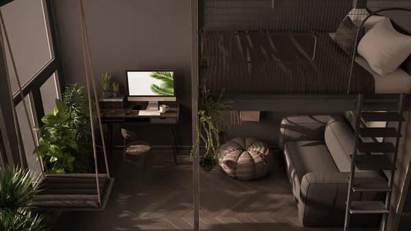 Studio minimaliste avec mezzanine, mezzanine, balançoire. Séjour avec canapé, bureau, ordinateur. Fenêtres, plantes en pot, décoration intérieure grise, vue sur le dessus — Photo
