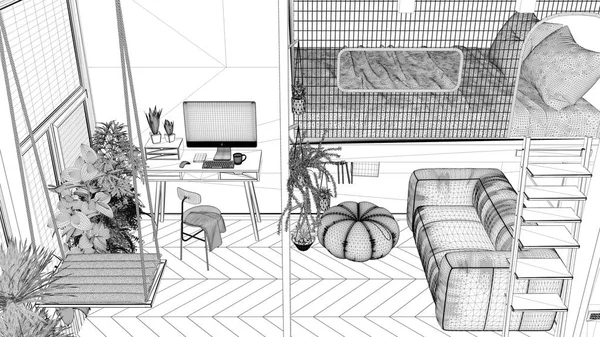 Blueprint project draft, minimalist studio apartment with loft bunk bed and swing. Living room, sofa, home workplace with desk. Windows with potted plants, interior design, top view — 스톡 사진