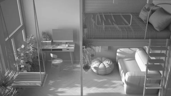Proyecto blanco total borrador, estudio minimalista apartamento con litera loft, columpio. Sala de estar, sofá, lugar de trabajo con escritorio. Ventanas con macetas, diseño de interiores, vista superior — Foto de Stock