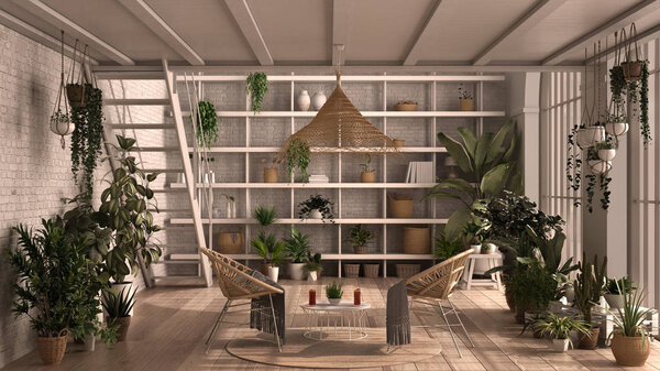 Современная оранжерея, зимний сад, белый дизайн интерьера, гостиная с креслом из ротанга и стол. Мезонин с железной лестницей, паркетный пол. Место для отдыха, полное растений в горшках
